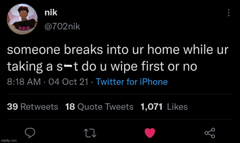 funny pics and memes - she in the group chat fighting for her life - nik someone breaks into ur home while ur taking a st do u wipe first or no 04 Oct 21 Twitter for iPhone 39 18 Quote Tweets 1,071 imgflip.com 22 L go