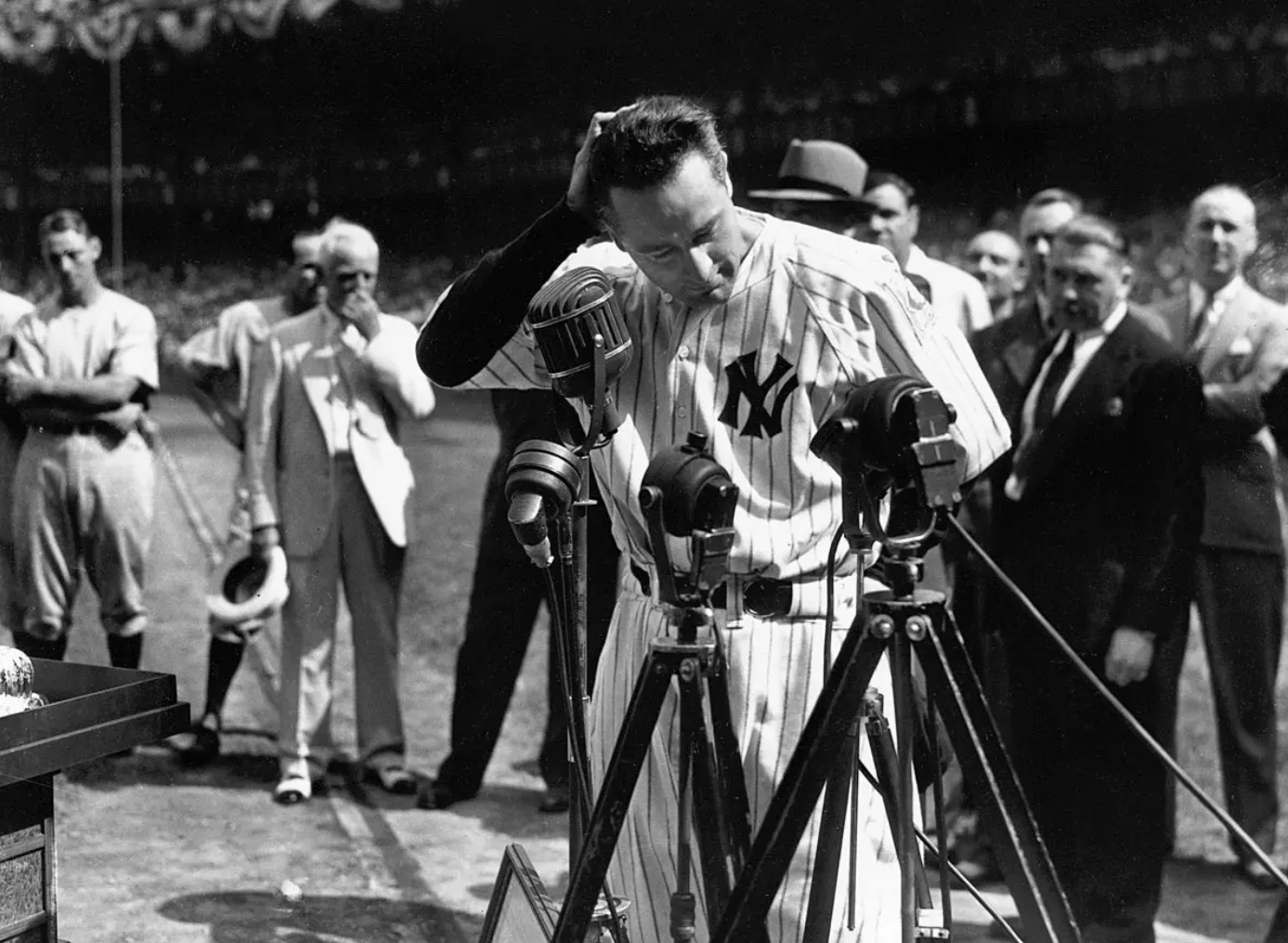 Lou Gehrig, 1939. "Luckiest man on the face of the earth" speech. Photo by: 
UPI/Bettman/Corbis.