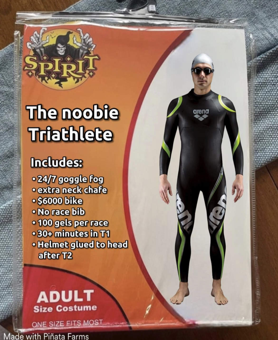 Costume Memes - spirit halloween - Spirit The noobie Triathlete Includes 247 goggle fog o extra neck chafe $6000 bike No race bib 100 gels per race 30 minutes in T1 Helmet glued to head after T2 Adult Size Costume One Size Fits Most Made with Piata Farms 