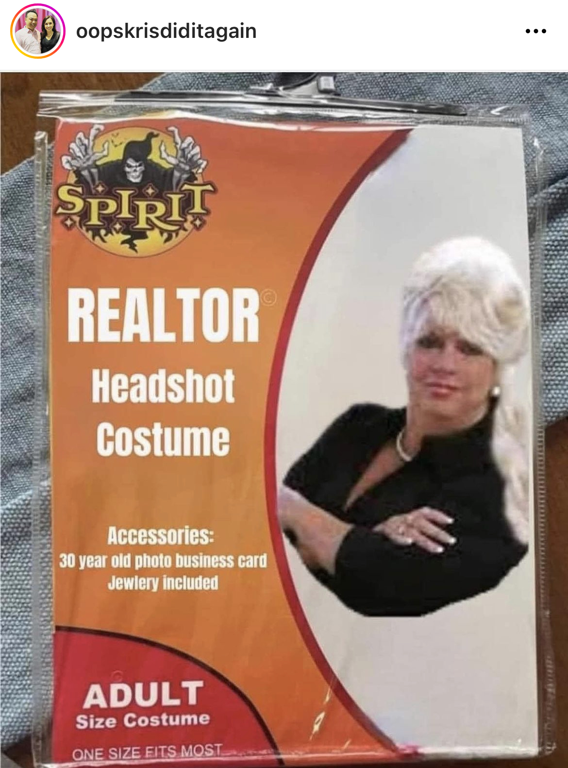 Costume Memes - spirit halloween - oopskrisdiditagain Spirit Realtor Headshot Costume Accessories 30 year old photo business card Jewlery included Adult Size Costume One Size Fits Most