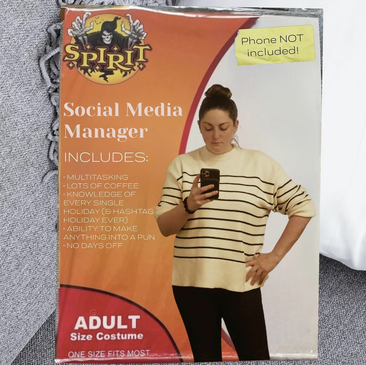 Costume Memes - spirit halloween - Spirit Social Media Manager Includes Multitasking Lots Of Coffee Knowledge Of Every Single Holiday Shashtag Holiday Ever Ability To Make Anything Into A Pun No Days Off Adult Size Costume One Size Fits Most Phone Not inc