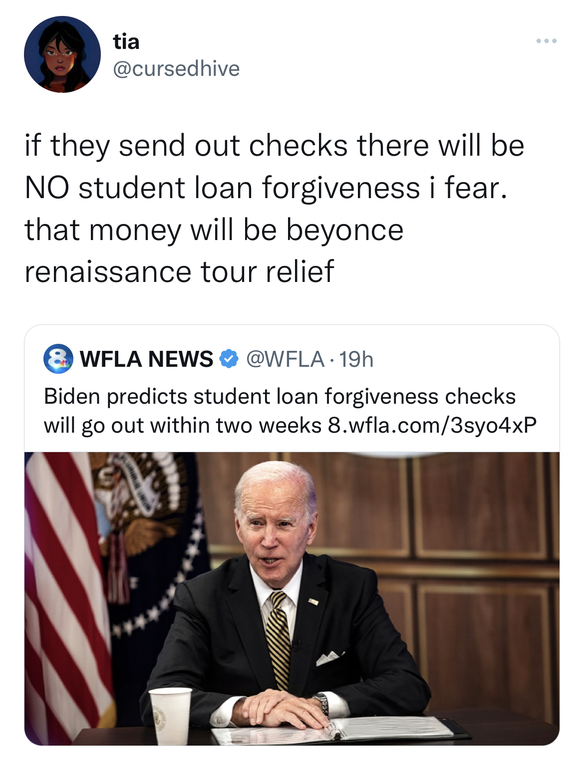 celeb roasts of the week - public speaking - tia if they send out checks there will be No student loan forgiveness i fear. that money will be beyon renaissance tour relief www Wfla News 19h Biden predicts student loan forgiveness checks will go out within