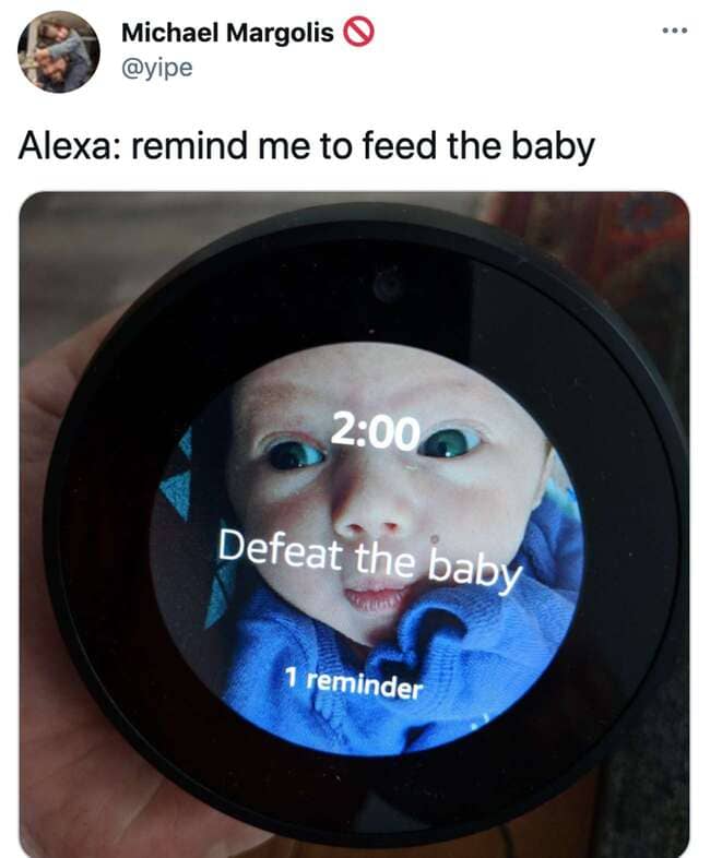posts that made us hold up - Michael Margolis Alexa remind me to feed the baby Defeat the baby 1 reminder