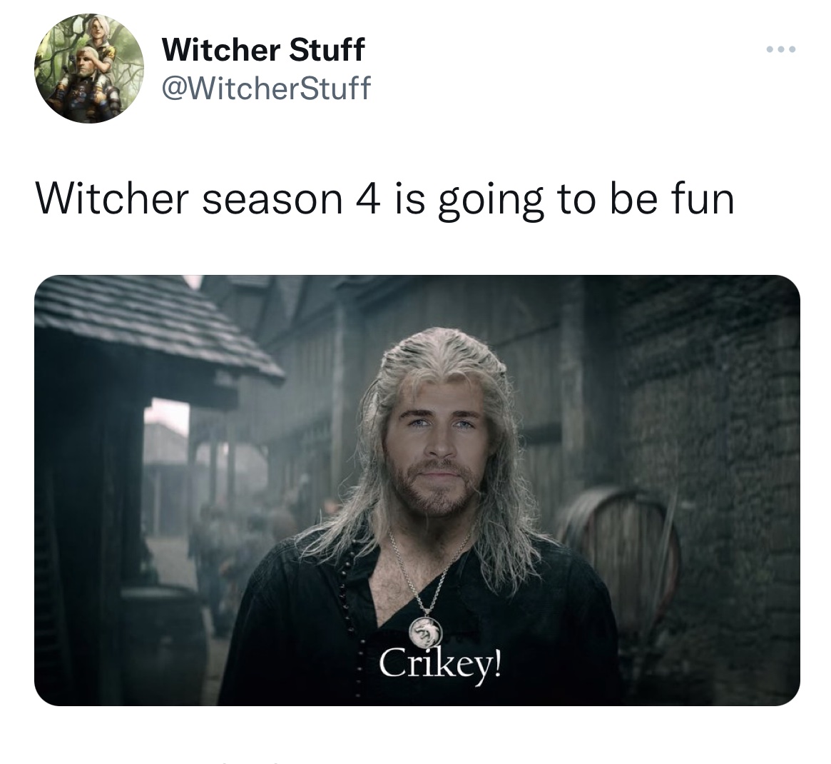 Tweets roasting celebs - i m a simple man with simple needs meme - Witcher Stuff Witcher season 4 is going to be fun Crikey!