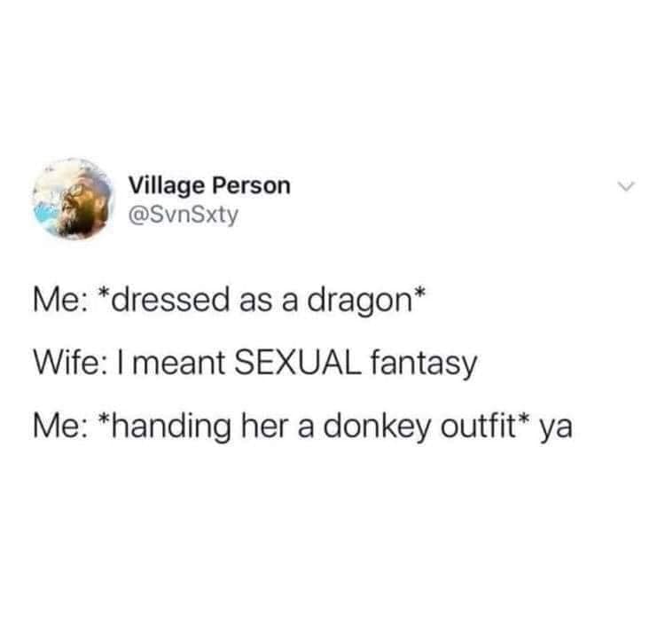 spicy memes for tantric tuesday - Internet meme - Village Person Me dressed as a dragon Wife I meant Sexual fantasy Me handing her a donkey outfit ya