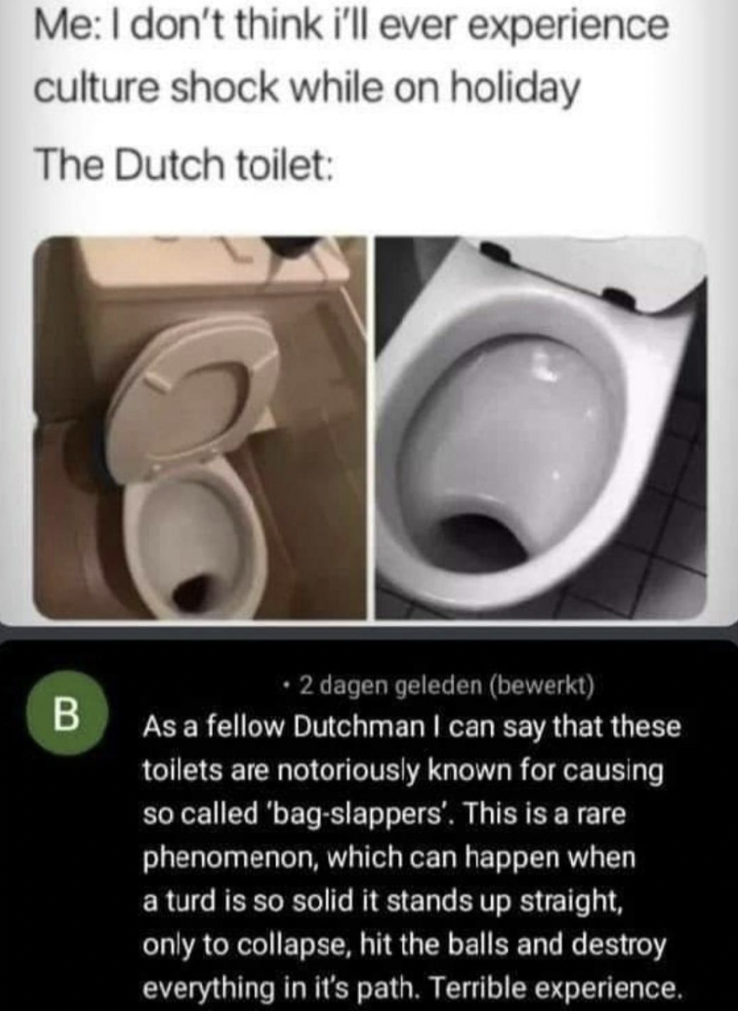 Cringey Pics - dutch toilet bag slapper - Me I don't think i'll ever experience culture shock while on holiday The Dutch toilet 2 dagen geleden bewerkt B As a fellow Dutchman I can say that these toilets are notoriously known for causing so called 'bagsla