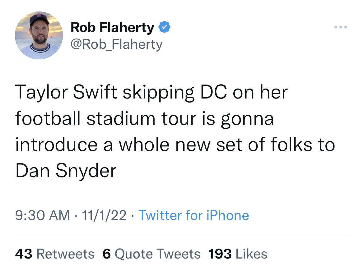 Celebs get roasted on twitter - Rob Flaherty Taylor Swift skipping Dc on her football stadium tour is gonna introduce a whole new set of folks to Dan Snyder 11122 Twitter for iPhone 43 6 Quote Tweets 193