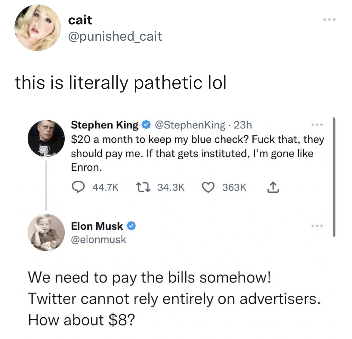 Celebs get roasted on twitter - body jewelry - cait this is literally pathetic lol Stephen King . 23h $20 a month to keep my blue check? Fuck that, they should pay me. If that gets instituted, I'm gone Enron. Elon Musk We need to pay the bills somehow! Tw