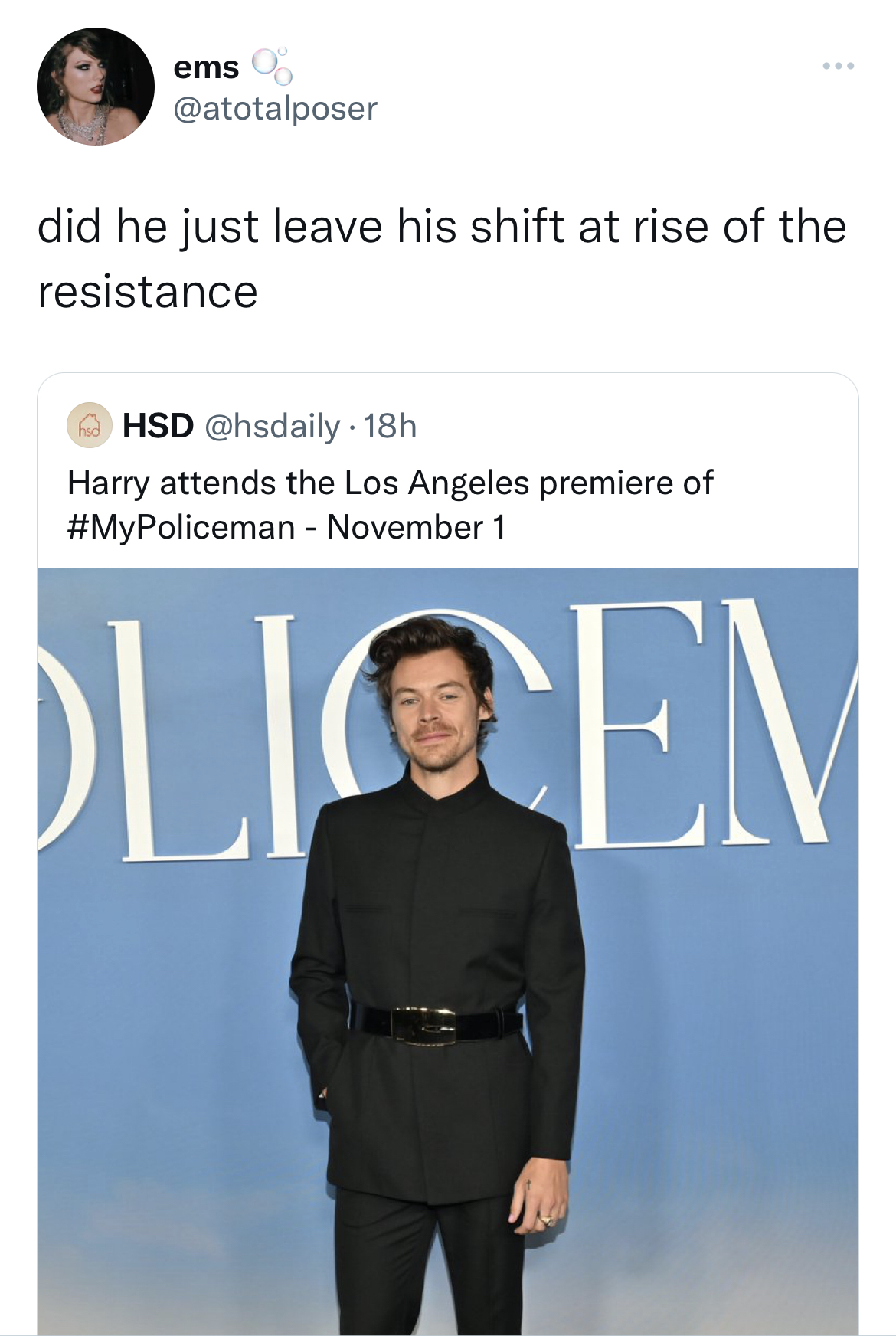 Celebs get roasted on twitter - shoulder - ems did he just leave his shift at rise of the resistance Hsd 18h Harry attends the Los Angeles premiere of November 1 Licem