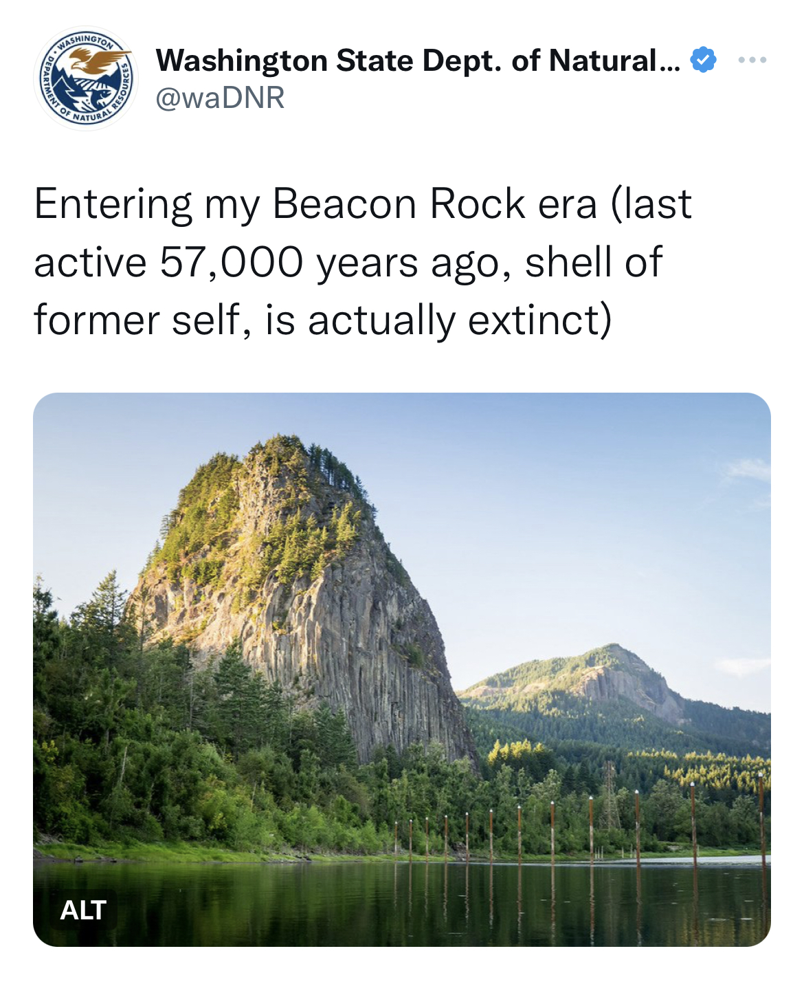 Washington Department of Natural Resources tweets - beacon rock state park - F Washington State Dept. of Natural... Entering my Beacon Rock era last active 57,000 years ago, shell of former self, is actually extinct Alt