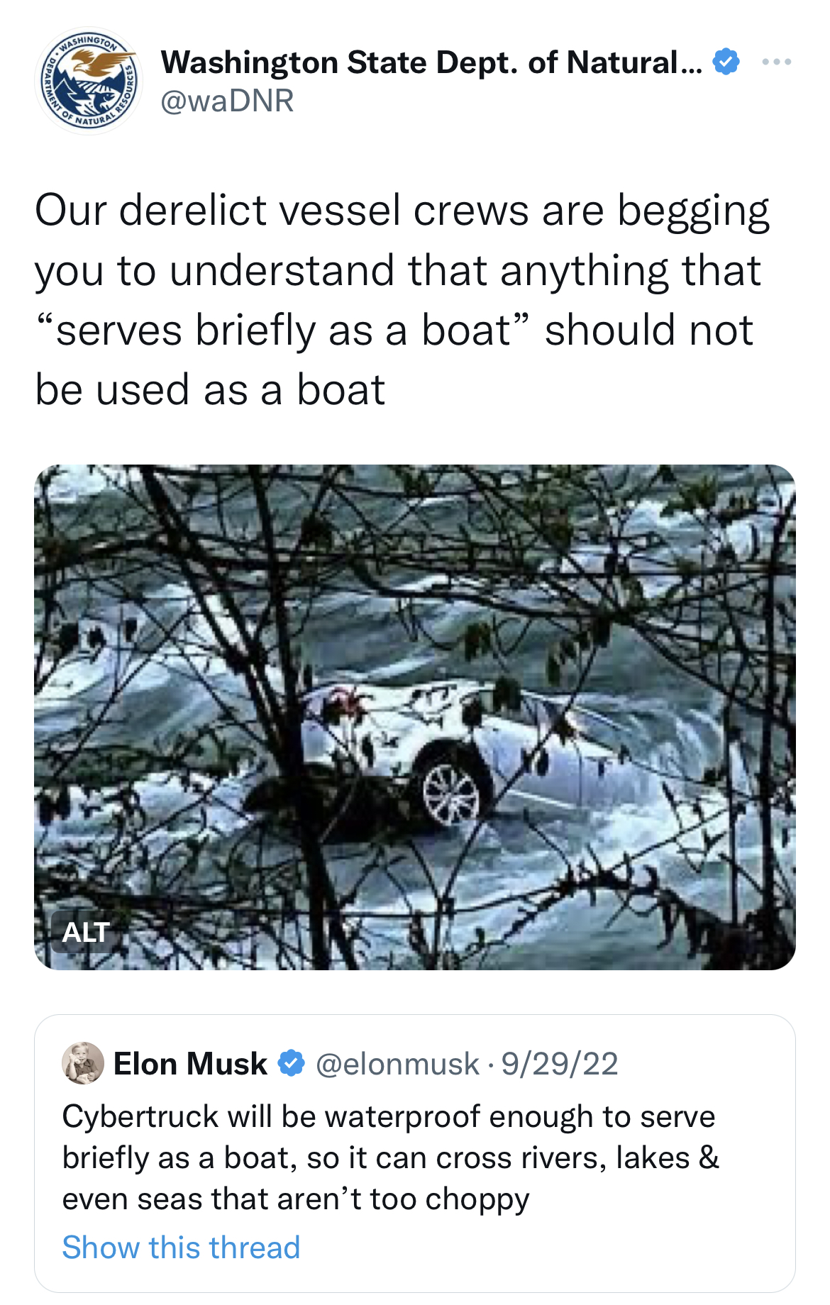Washington Department of Natural Resources tweets - tree - Washington State Dept. of Natural... Our derelict vessel crews are begging you to understand that anything that "serves briefly as a boat" should not be used as a boat Alt Elon Musk 92922 Cybertru