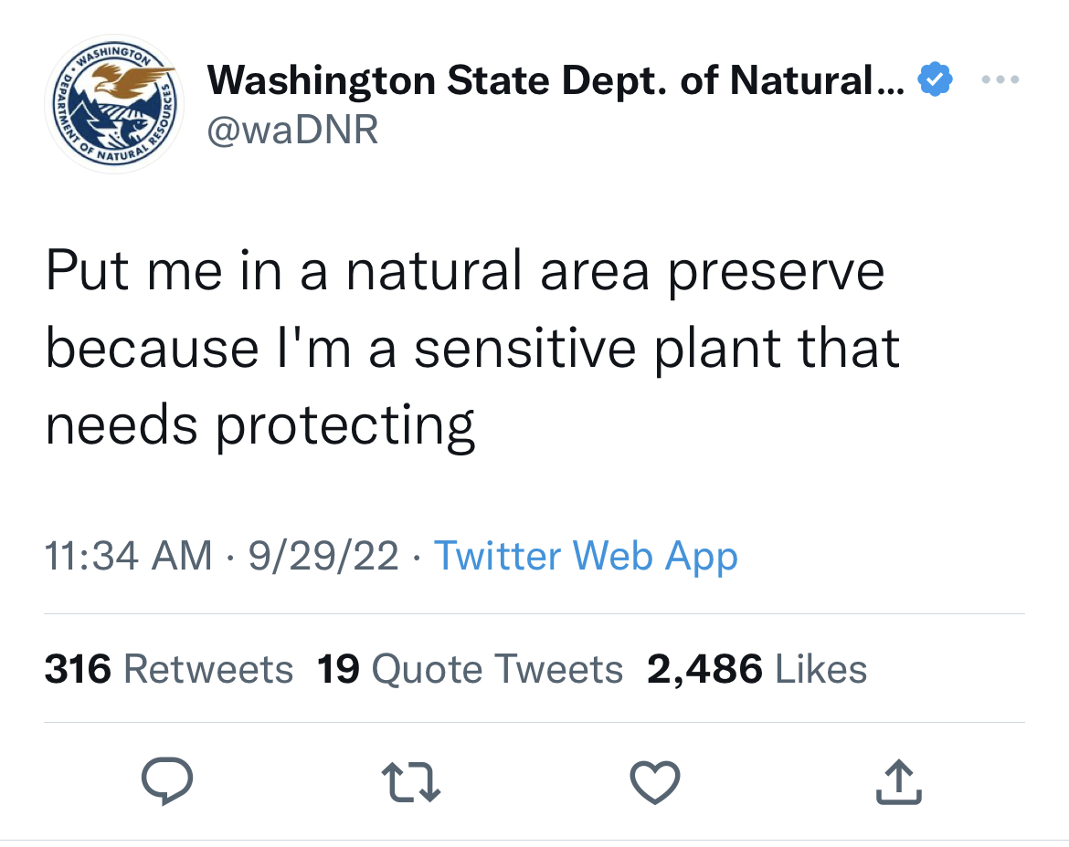Washington Department of Natural Resources tweets - Hexadecimal - Ment Of Washington Natural Resou Washington State Dept. of Natural... Put me in a natural area preserve because I'm a sensitive plant that needs protecting 92922 Twitter Web App 316 19 Quot