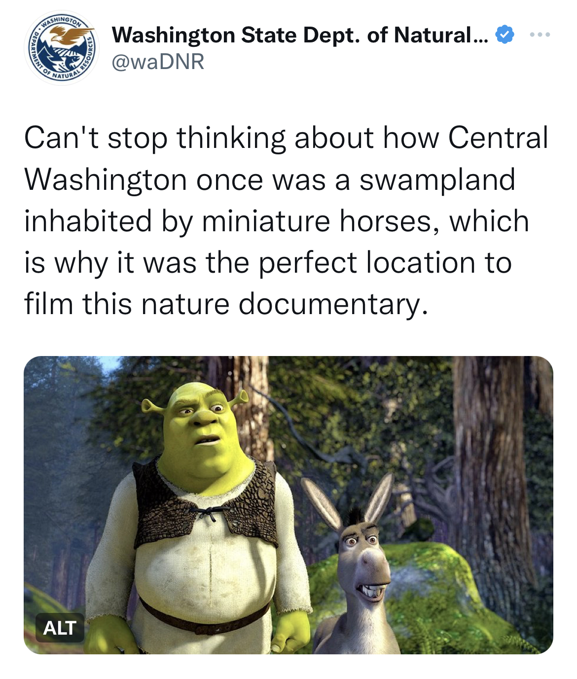 Washington Department of Natural Resources tweets - shrek movie - Aman Washington State Dept. of Natural... Alt www Can't stop thinking about how Central Washington once was a swampland inhabited by miniature horses, which is why it was the perfect locati