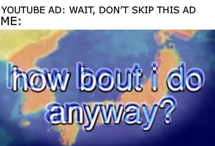 daily dose of memes - bout i do anyway meme - Youtube Ad Wait, Don'T Skip This Ad Me how bout i do anyway?