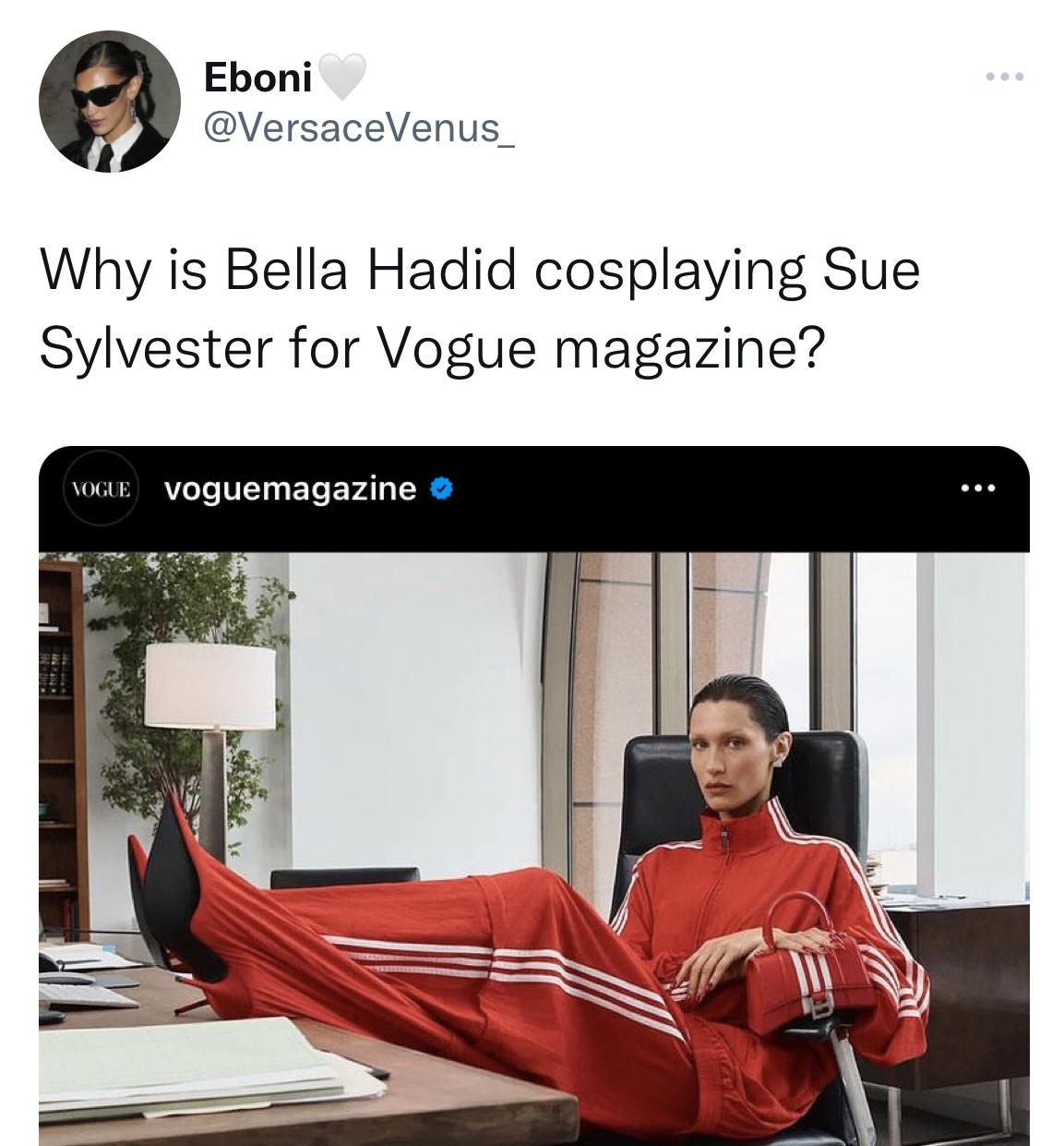 tweets roasting celebs - media - Eboni Vogue Why is Bella Hadid cosplaying Sue Sylvester for Vogue magazine? voguemagazine ...