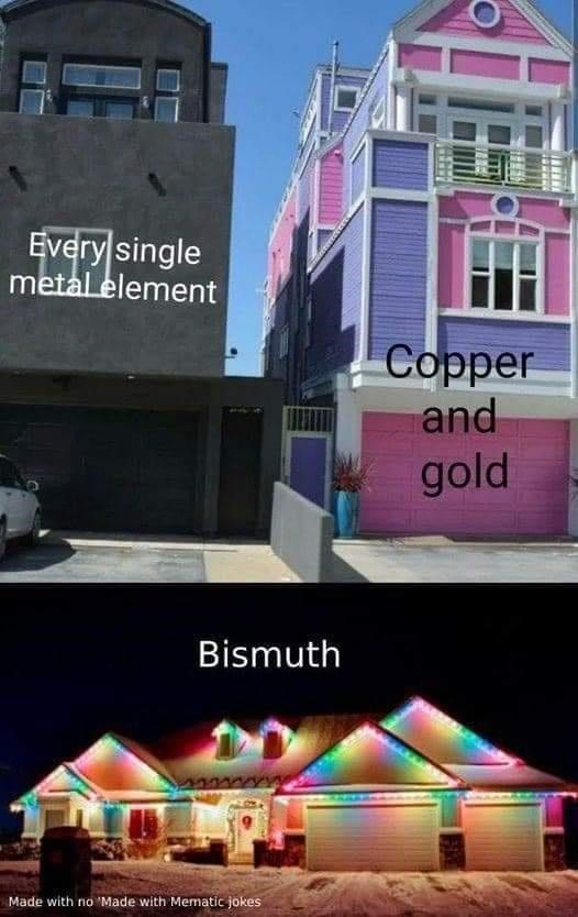 monday morning randomness - colorful christmas light ideas - Every single metal element Bismuth Made with no 'Made with Mematic jokes Copper and gold