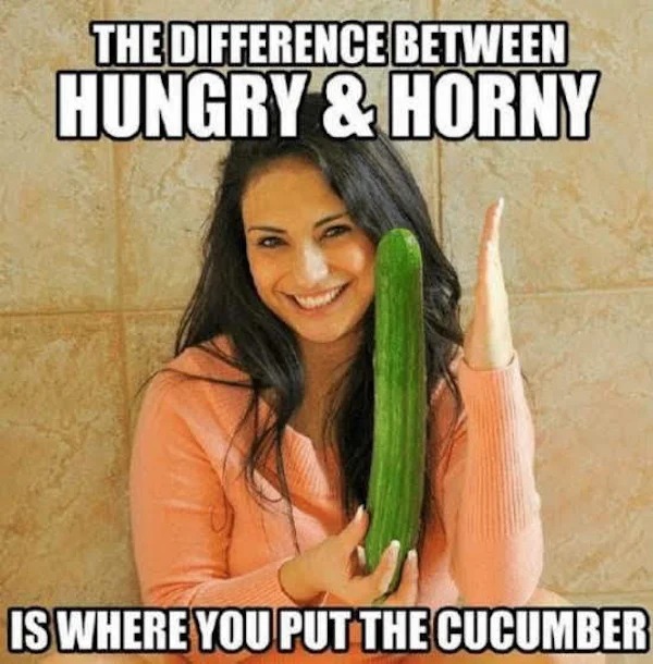 adult themed memes - difference between horny and hungry - The Difference Between Hungry & Horny Is Where You Put The Cucumber