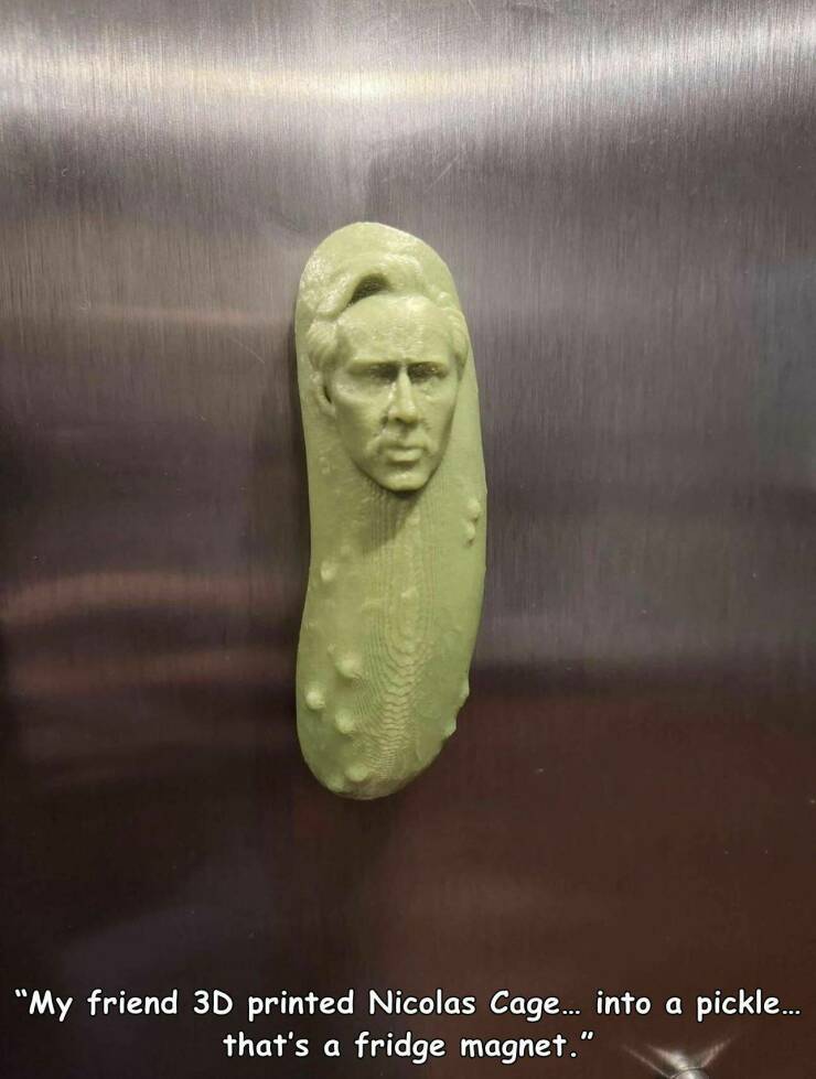 cool pics and photos daily dose - picolas cage - "My friend 3D printed Nicolas Cage... into a pickle... that's a fridge magnet."
