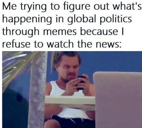 dank memes and funny pics - photo caption - Me trying to figure out what's happening in global politics through memes because I refuse to watch the news