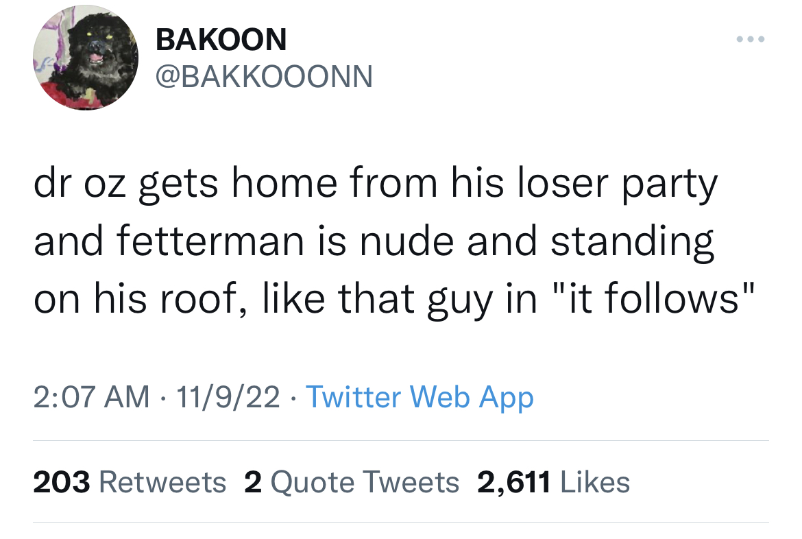 elon musk hbar tweet - Bakoon dr oz gets home from his loser party and fetterman is nude and standing on his roof, that guy in "it s" 11922 Twitter Web App 203 2 Quote Tweets 2,611