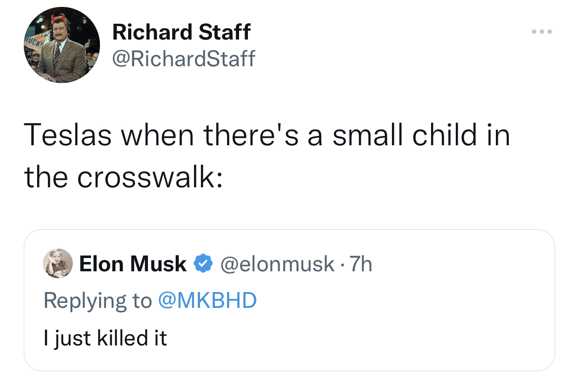 angle - Ruck! Richard Staff Teslas when there's a small child in the crosswalk Elon Musk . 7h I just killed it