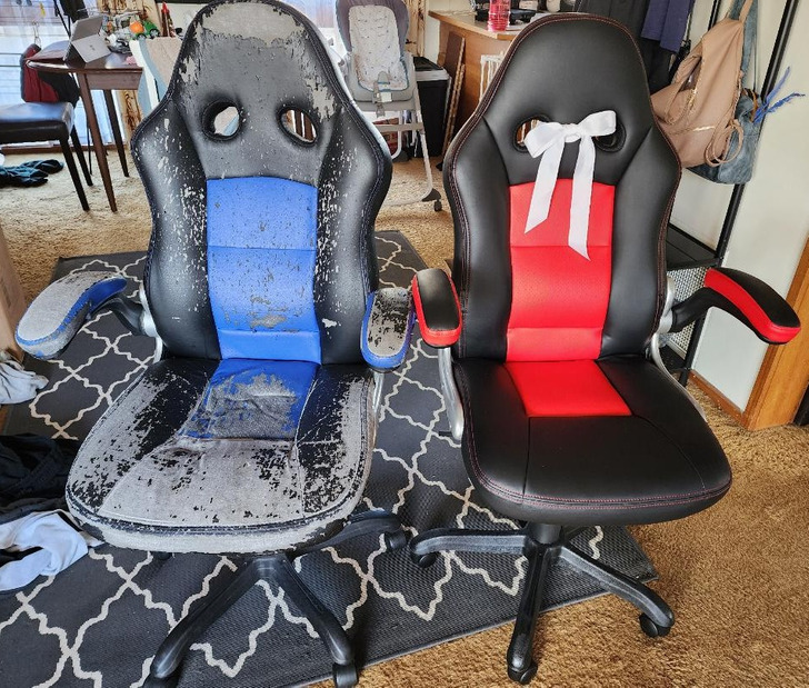 “My husband’s decade-old computer chair vs a new one in the same model that I’m surprising him with tonight”.