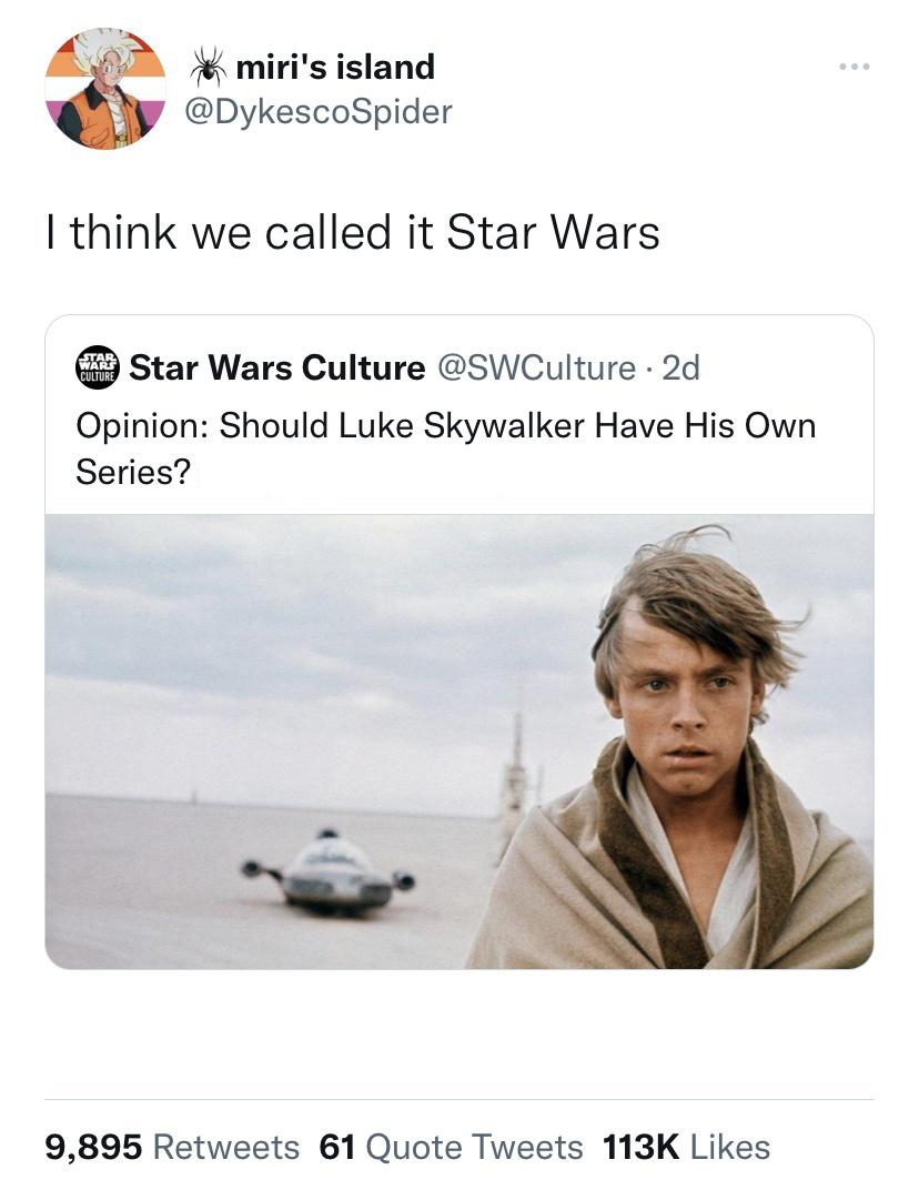 daily dose of pics and memes - star wars a new hope - miri's island I think we called it Star Wars Star Culture Star Wars Culture 2d . Opinion Should Luke Skywalker Have His Own Series? 9,895 61 Quote Tweets