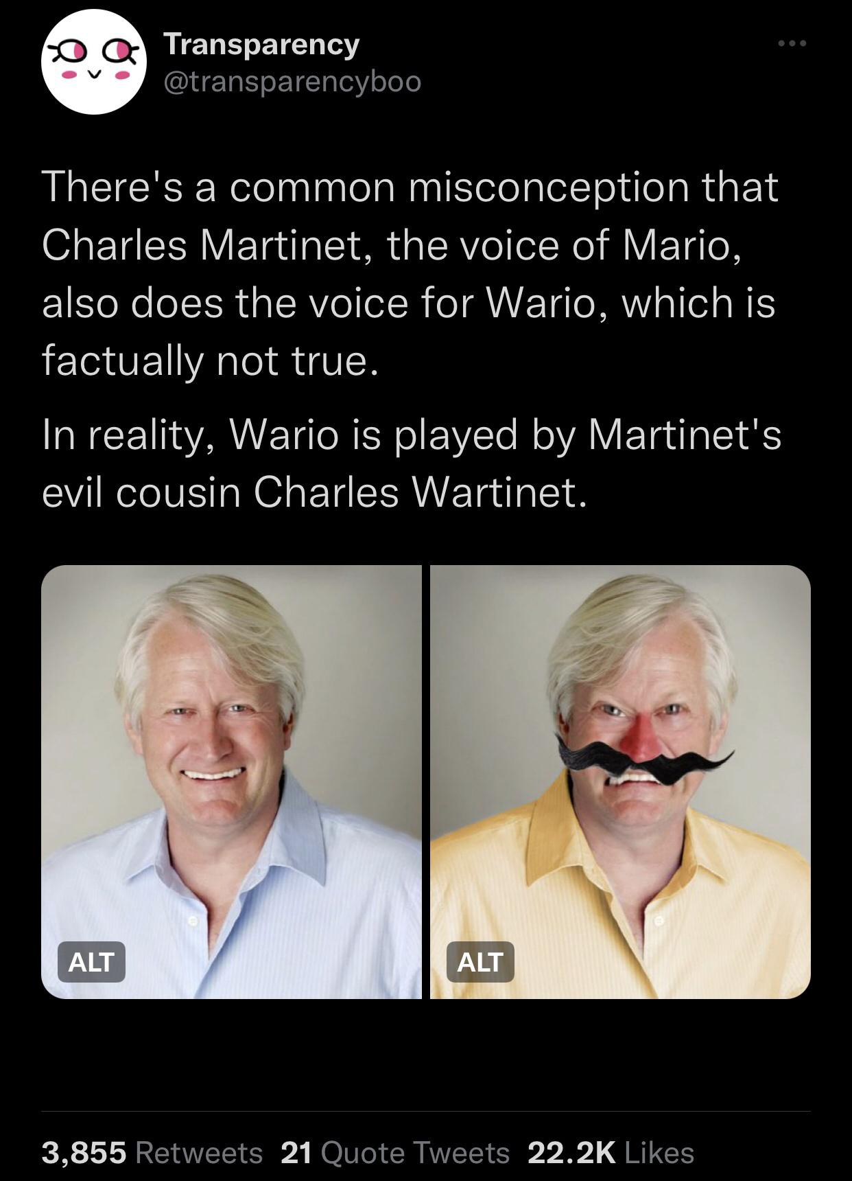 daily dose of pics and memes - charles martinet - Transparency There's a common misconception that Charles Martinet, the voice of Mario, also does the voice for Wario, which is factually not true. In reality, Wario is played by Martinet's evil cousin Char