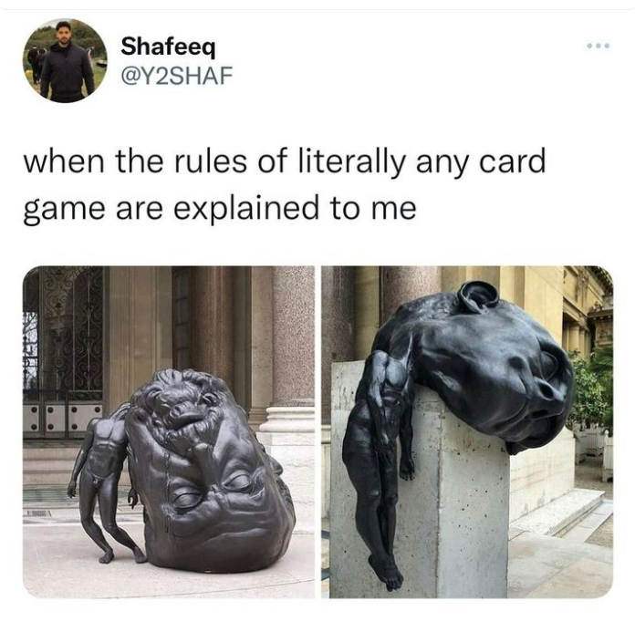 daily dose of pics and memes - sculpture - Shafeeq when the rules of literally any card game are explained to me