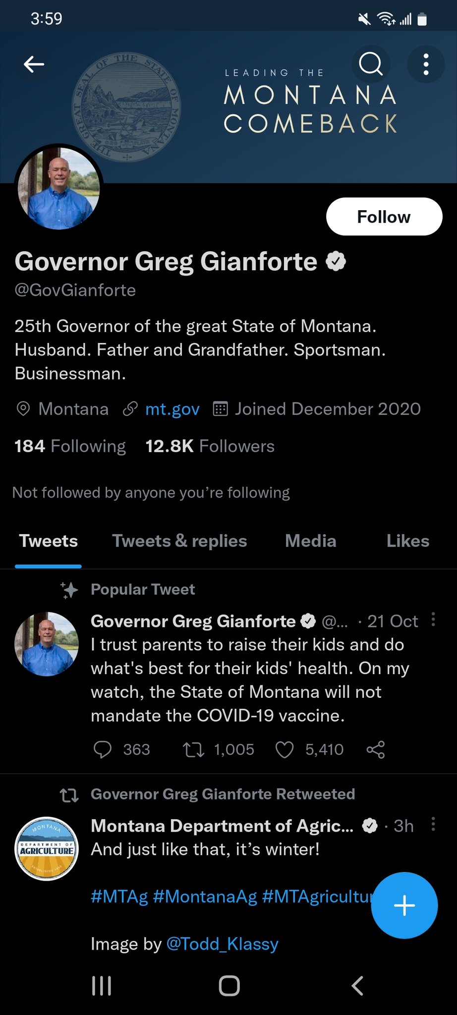 fake twitter posts - screenshot - Of The State Governor Greg Gianforte Montana Department Of Agriculture Leading Comeback 25th Governor of the great State of Montana. Husband. Father and Grandfather. Sportsman. Businessman. Tweets Tweets & replies Media a