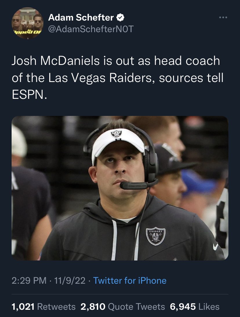 fake twitter posts - josh mcdaniels raiders cardinals - Adam Schefter por Josh McDaniels is out as head coach of the Las Vegas Raiders, sources tell Espn. Raiders 13% 11922 Twitter for iPhone 1,021 2,810 Quote Tweets 6,945