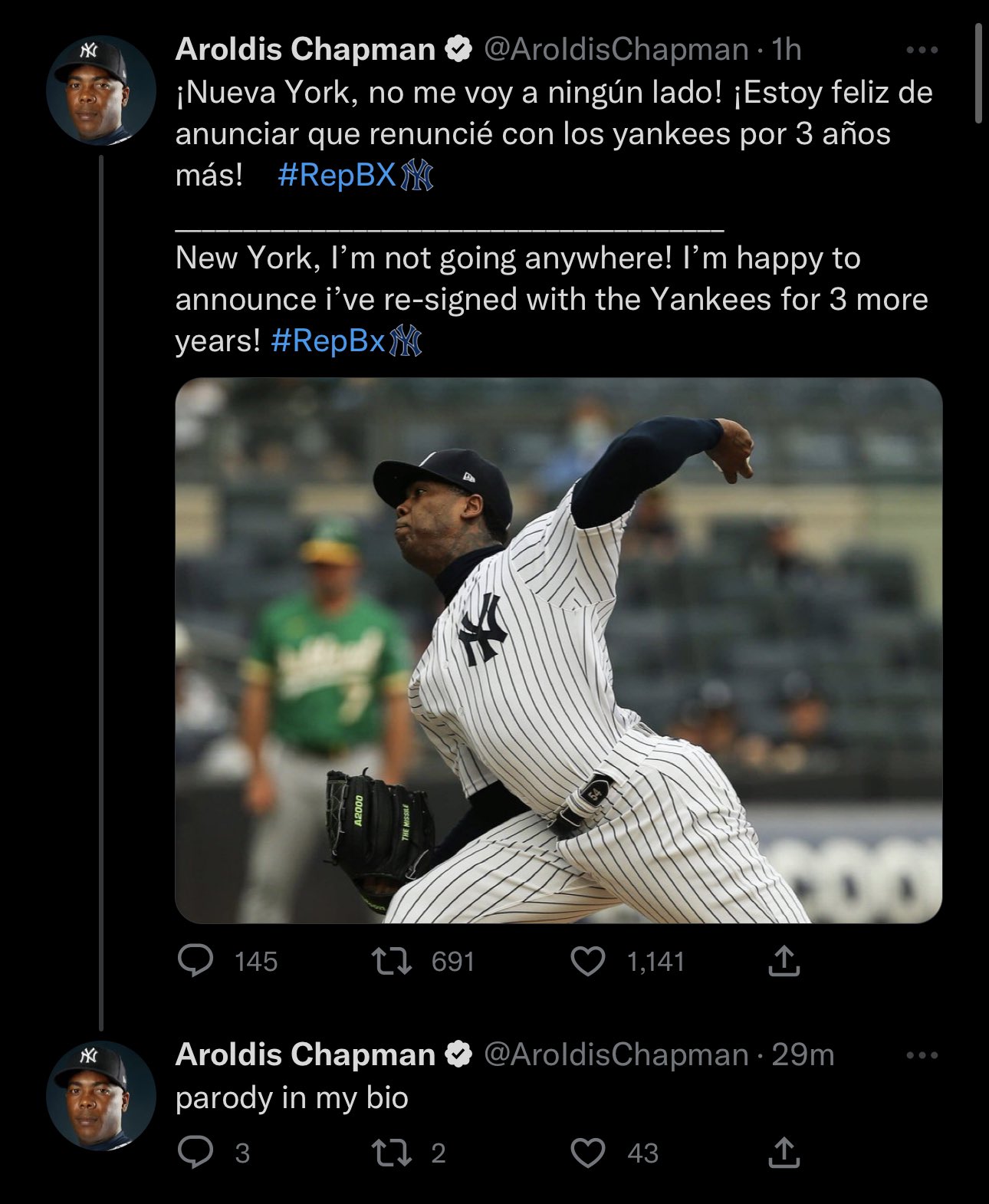 fake twitter posts - photo caption - Aroldis Chapman 1h Nueva York, no me voy a ningn lado! Estoy feliz de anunciar que renunci con los yankees por 3 aos ms! New York, I'm not going anywhere! I'm happy to announce i've resigned with the Yankees for 3 more