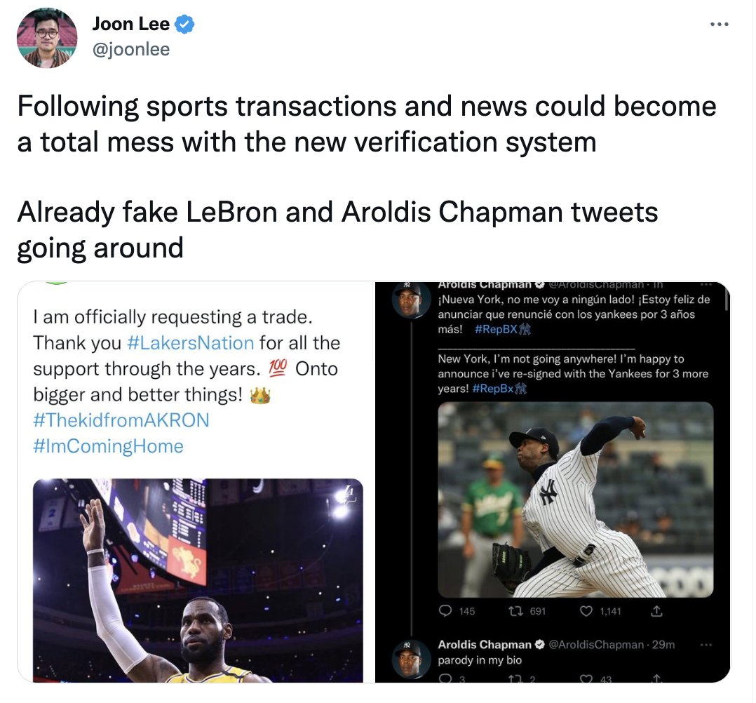 fake twitter posts - media - Joon Lee ing sports transactions and news could become a total mess with the new verification system Already fake LeBron and Aroldis Chapman tweets going around I am officially requesting a trade. Thank you for all the support