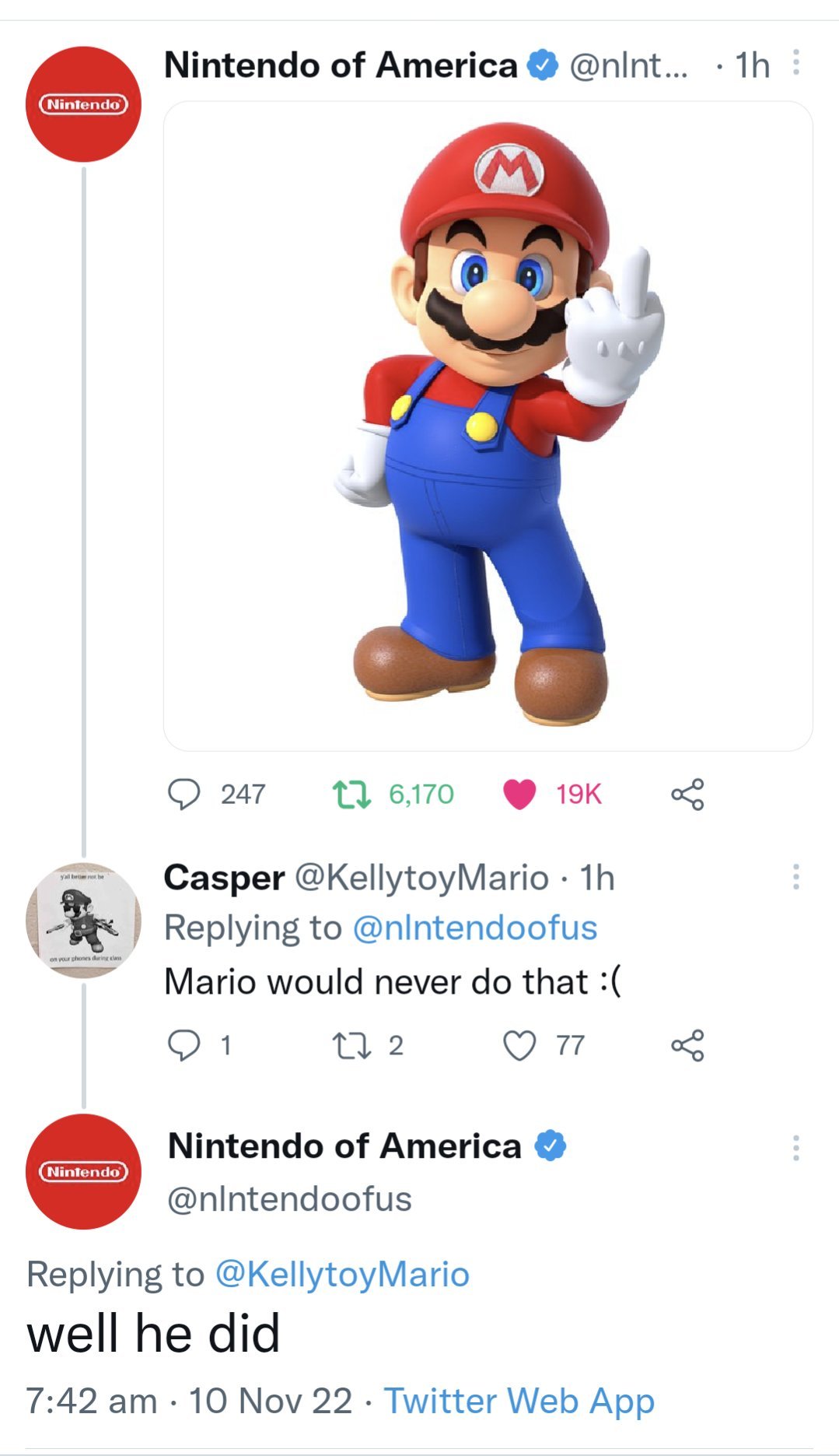 fake twitter posts - mario bros - Nintendo yall be not be on your phones during clas Nintendo Nintendo of America nt... 1h 247 16,170 Casper . 1h Mario would never do that 01 27 2 Nintendo of America well he did 19K 10 Nov 22 Twitter Web App 77 L L