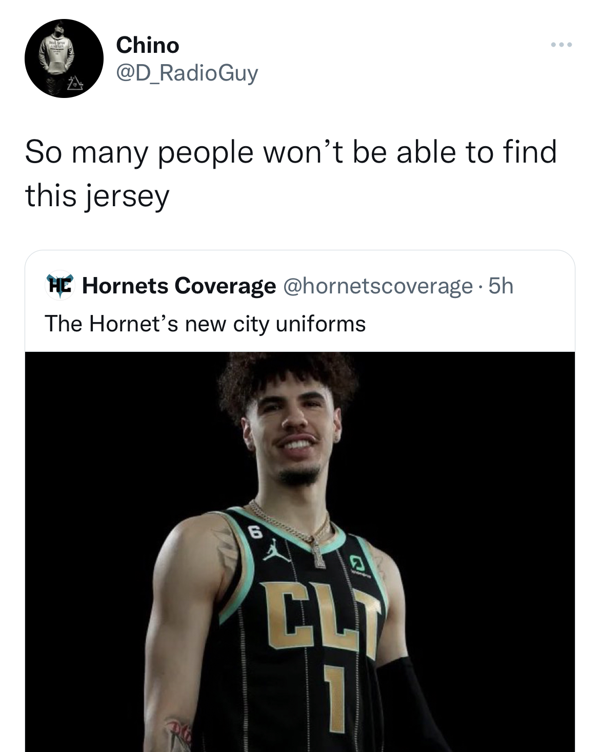 Tweets roasting celebs - shoulder - Chino So many people won't be able to find this jersey He Hornets Coverage . 5h The Hornet's new city uniforms 2 Cli