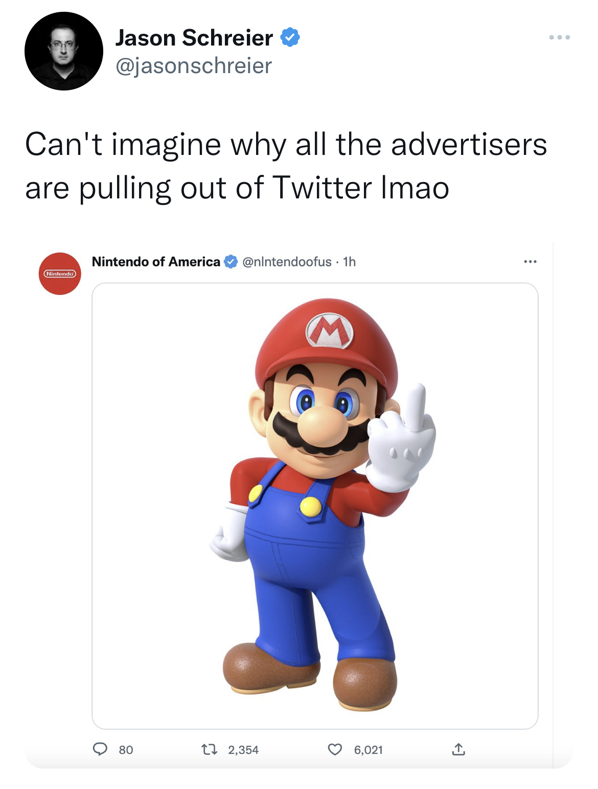 Tweets roasting celebs - Twitter - Jason Schreier Can't imagine why all the advertisers are pulling out of Twitter Imao Nintendo of America 1h 80 23 2,354 6,021