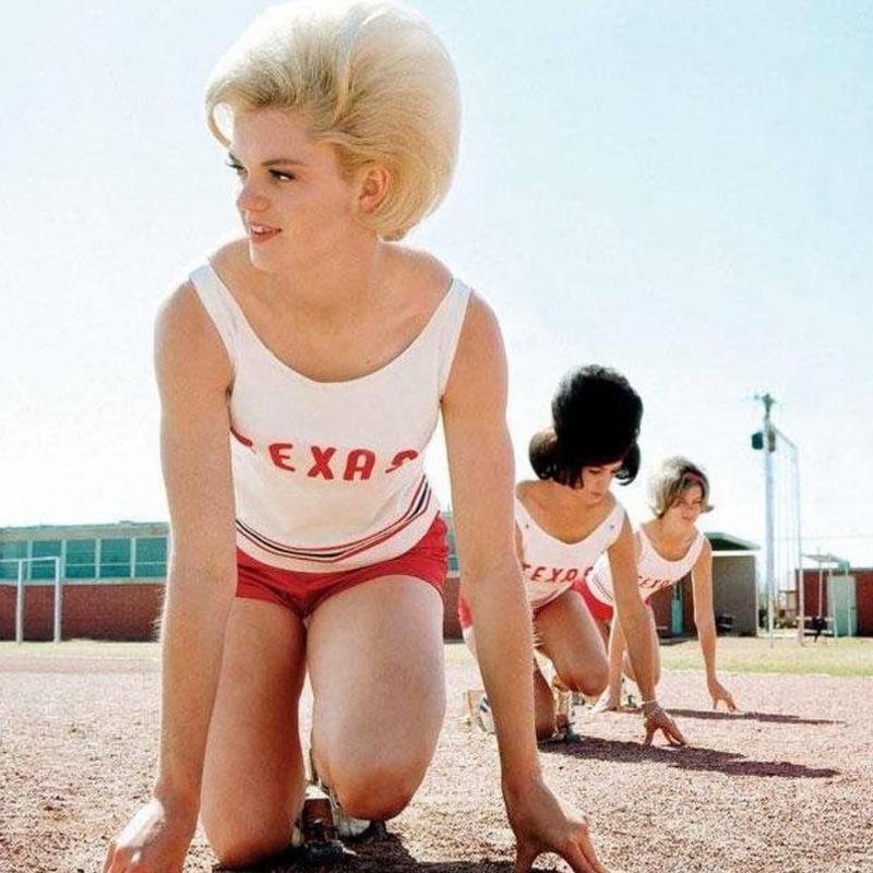 The University of Texas women's track team at a practice in 1964.