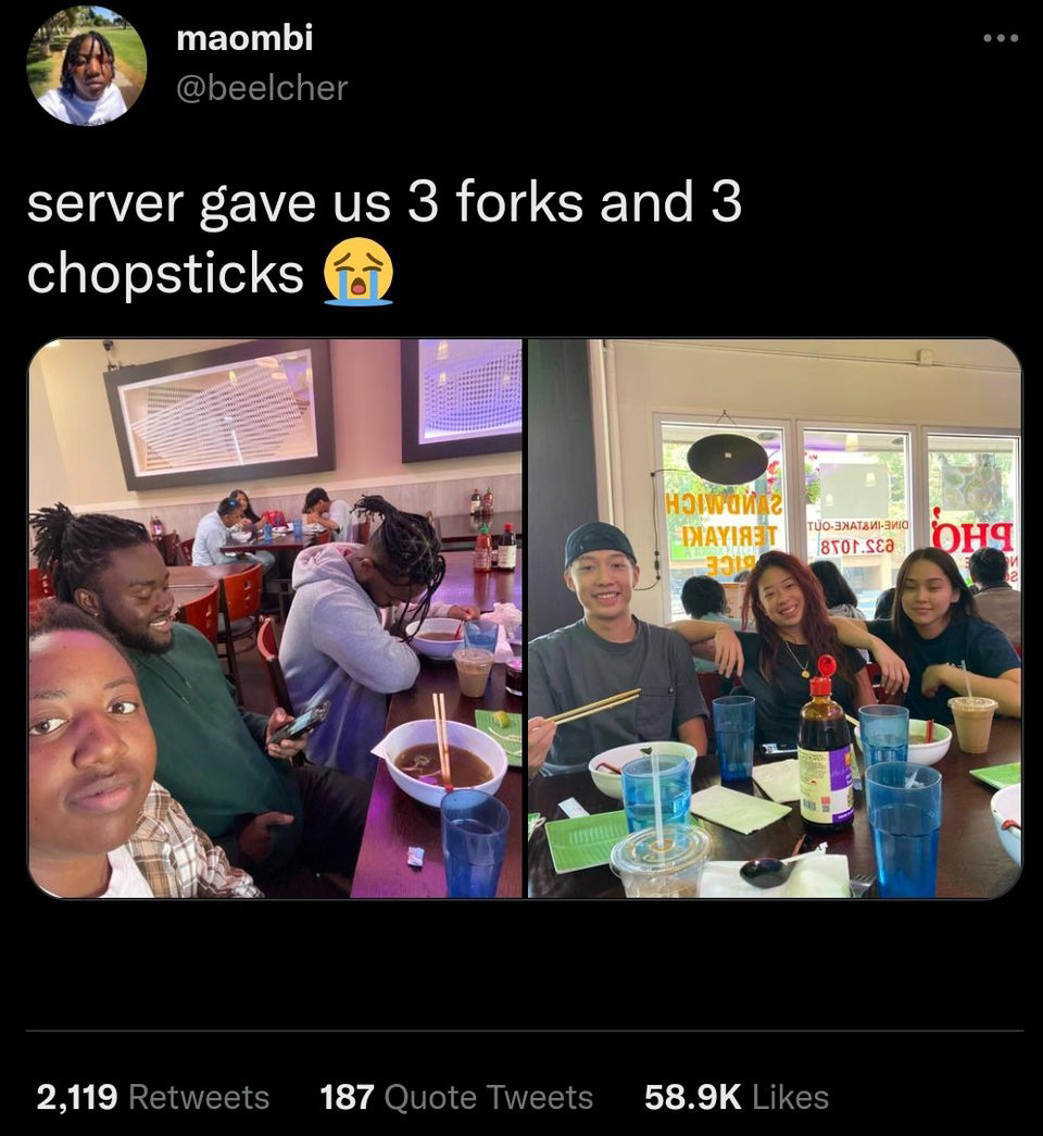conversation - maombi server gave us 3 forks and 3 chopsticks Imayinet 3019 Prod 1101 Tuo38I3 8Tor Sea 2,119 187 Quote Tweets