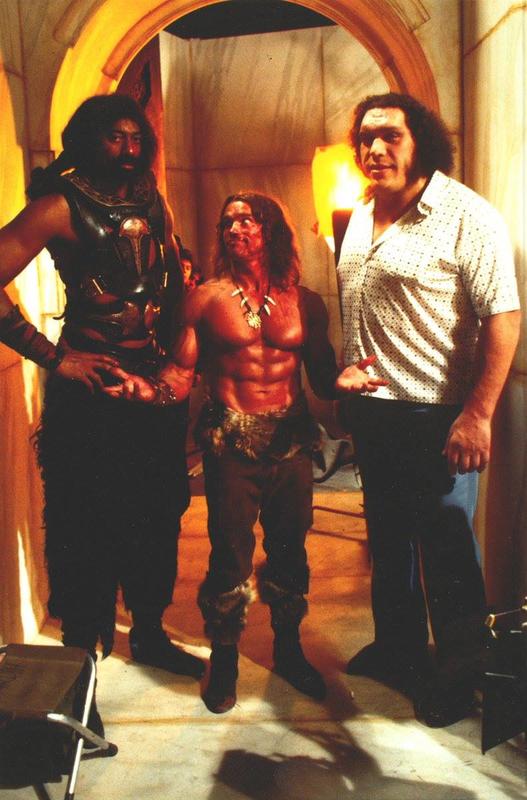 On the set of 'Conan the Destroyer' 1984. Wilt Chamberlain, Arnold, and Andre the Giant.