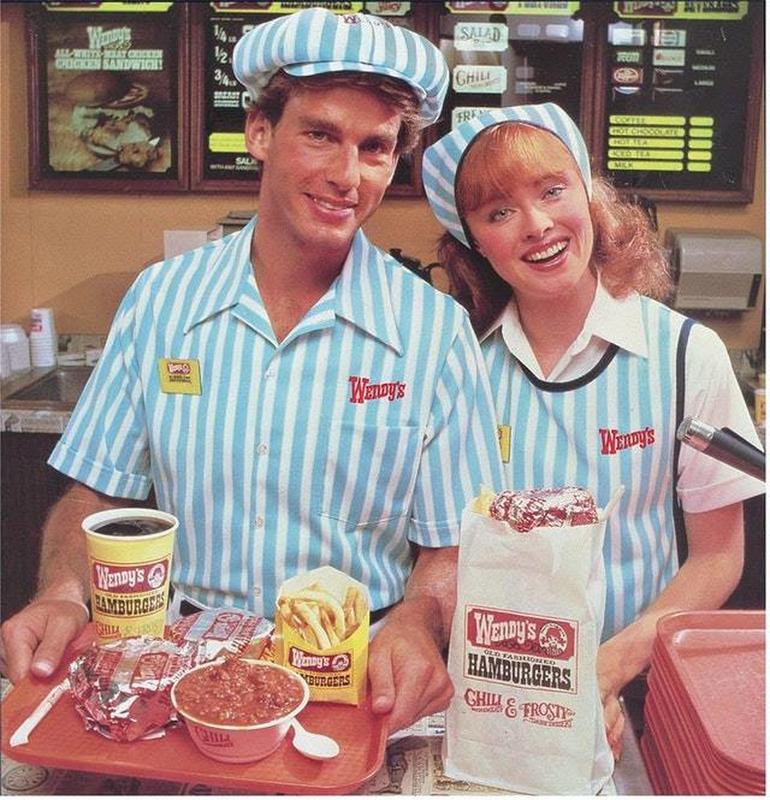 Captivating Historical Pics - 80s fast food - Wanays All Writs Meat Ciceen Chicken Sandwich Wendy'S Bamburgers Youn 14. 12 34 Chil Salk sigy Wendy's Weney's Burgers Salad Ghile Fre Wendy'S Hamburgers Old Fashioned Chill&Frosty Hon Patanahon Coffee Got Gir