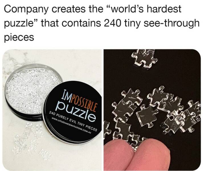 cool pics - cosmetics - Company creates the "world's hardest puzzle" that contains 240 tiny seethrough pieces Impossible puzzle 240 Purely Evil Tiny Pieces Tu Stoppe