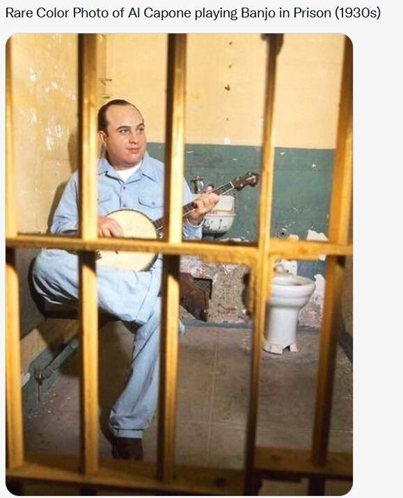 cool pics - rare color al capone - Rare Color Photo of Al Capone playing Banjo in Prison 1930s