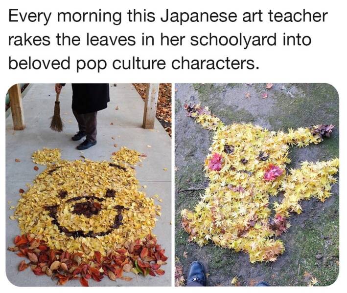 cool pics - floral design - Every morning this Japanese art teacher rakes the leaves in her schoolyard into beloved pop culture characters.