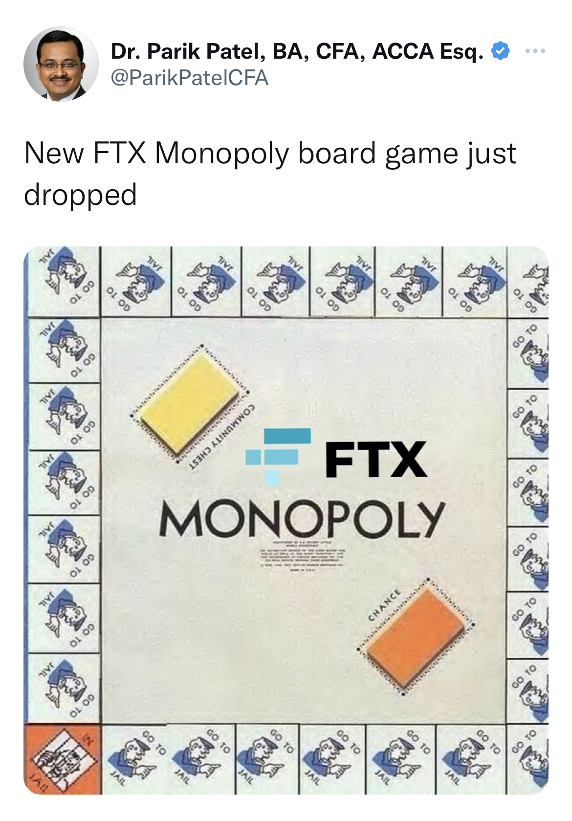 Tweets dunking on celebs - black monopoly board - Dr. Parik Patel, Ba, Cfa, Acca Esq. New Ftx Monopoly board game just dropped 04.09 Go 10 Lunchros Ftx Monopoly 00.10 40 10 Chance 60 10 Go To 00 10 10