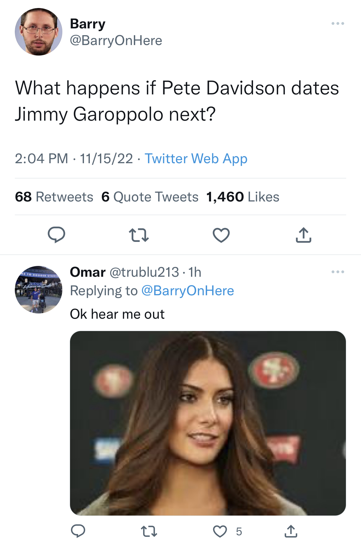 Tweets dunking on celebs - best joe rogan tweets - Barry What happens if Pete Davidson dates Jimmy Garoppolo next? 111522. Twitter Web App 68 6 Quote Tweets 1,460 22 Omar Ok hear me out O 12 3 10