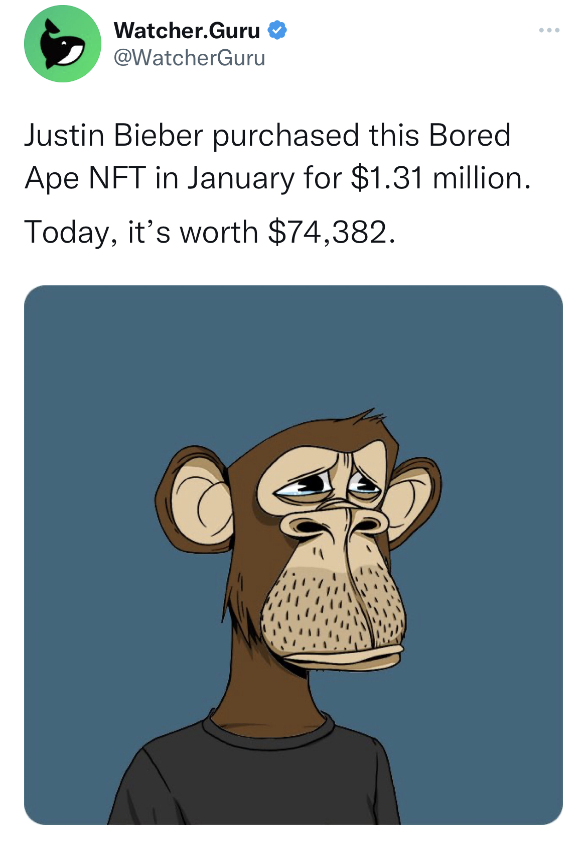 Tweets roasting celebrities - cartoon - Watcher.Guru Justin Bieber purchased this Bored Ape Nft in January for $1.31 million. Today, it's worth $74,382.