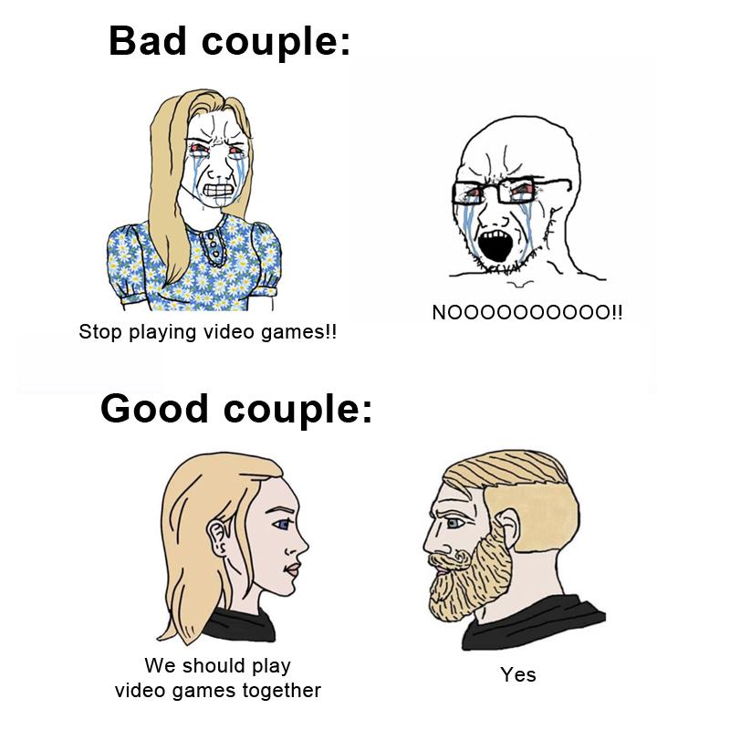 funny pics and memes - cartoon - Bad couple Stop playing video games!! Good couple We should play video games together Noooooooooo!! Yes