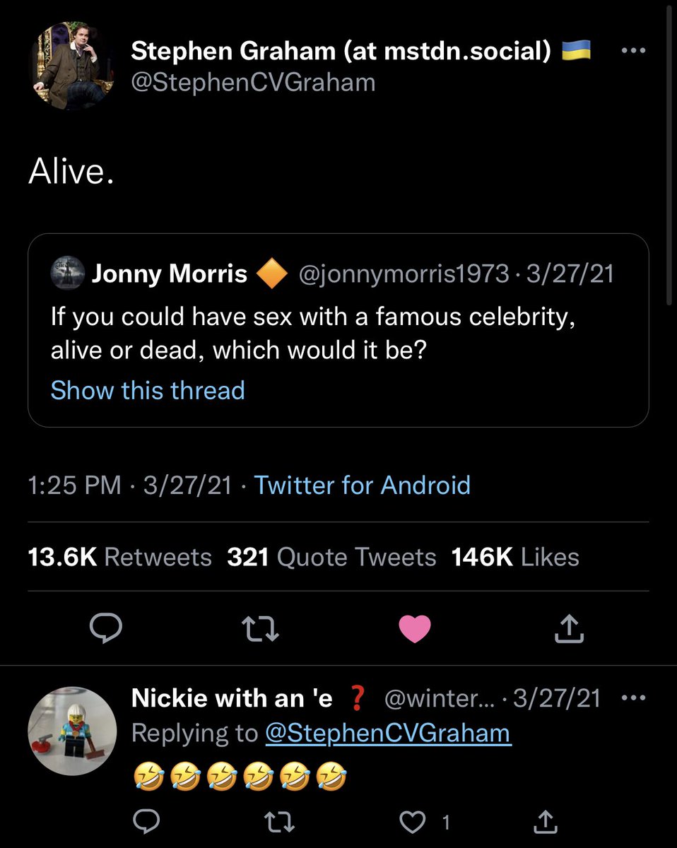 Best Tweets of All Time - screenshot - Alive. Stephen Graham at mstdn.social Jonny Morris 2721 If you could have sex with a famous celebrity, alive or dead, which would it be? Show this thread 32721 Twitter for Android 321 Quote Tweets 27 .. Nickie with a