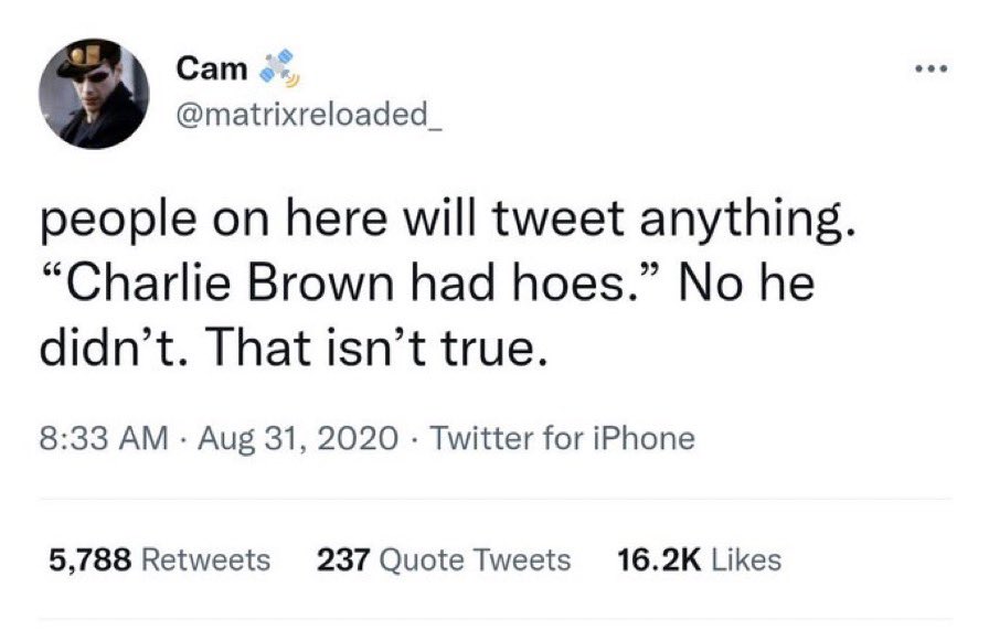 Best Tweets of All Time - life funny relatable tweets - Cam people on here will tweet anything. "Charlie Brown had hoes." No he didn't. That isn't true. Twitter for iPhone 5,788 237 Quote Tweets