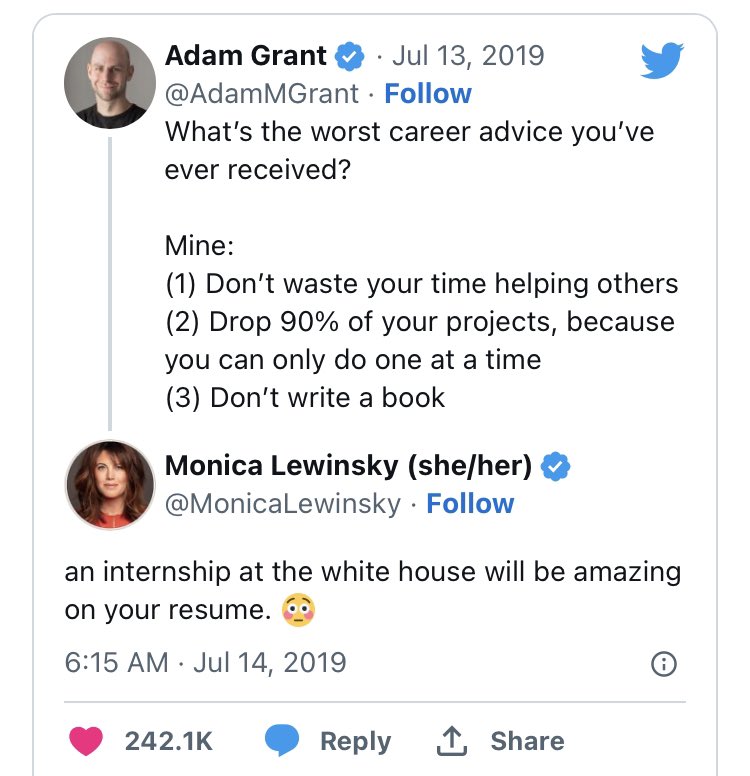 Best Tweets of All Time - Adam Grant . What's the worst career advice you've ever received? . Mine 1 Don't waste your time helping others 2 Drop 90% of your projects, because you can only do one at a time 3 Don't write a book Monica Lewinsky sheher Lewins